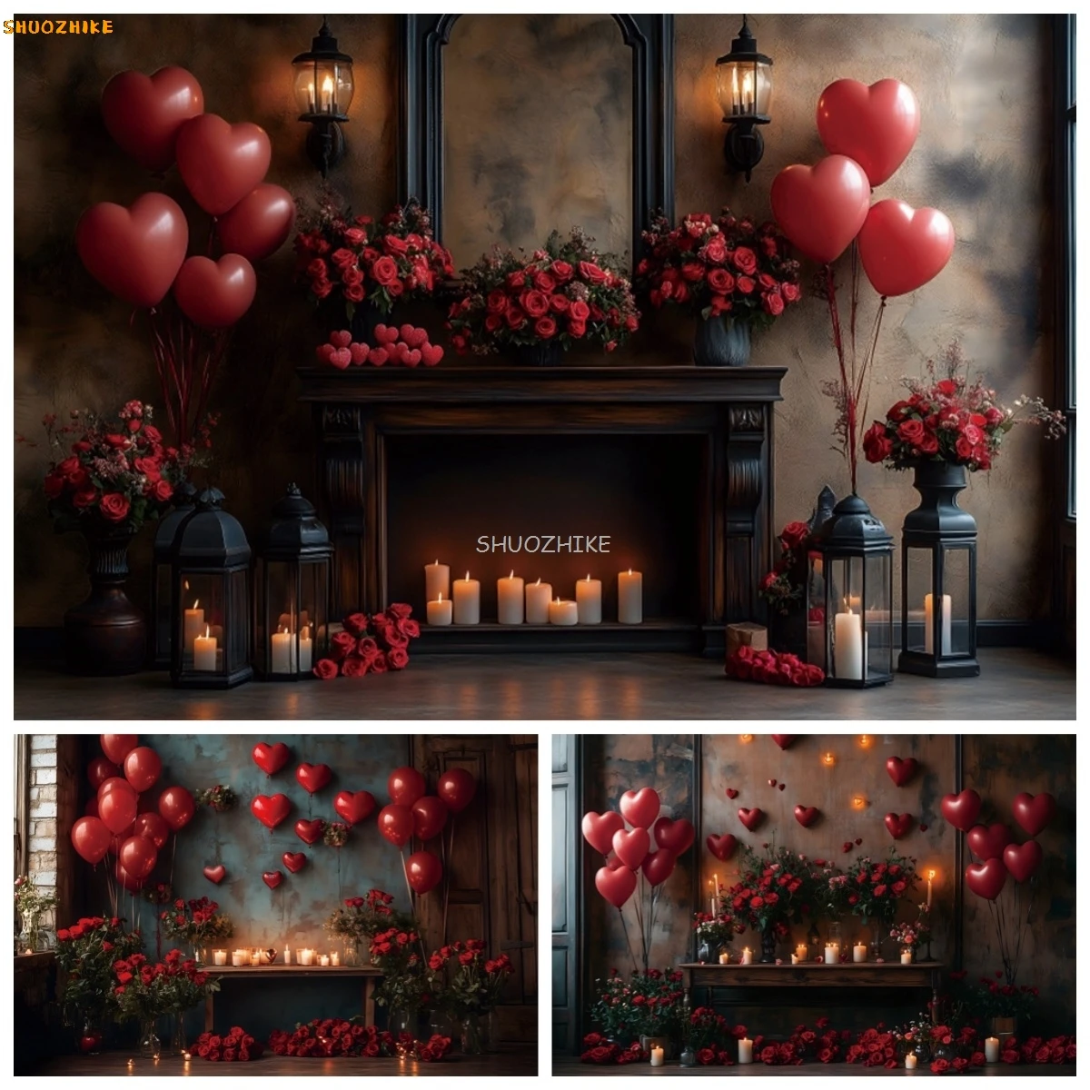 

Happy Valentine's Day Photography Backdrops Sweet Love Heart Balloon Flowers Candles Wedding Bridal Shower Portrait Background