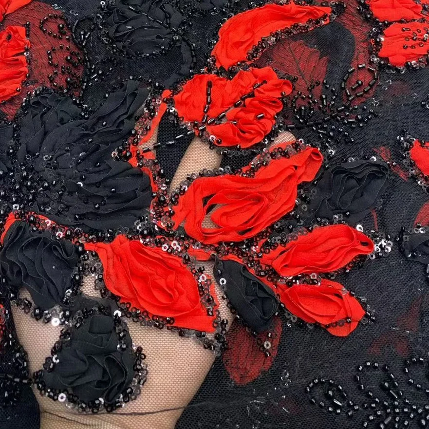 

Luxury Burgundy Ruffle Lace Fabric With Sequins And Beads 2026 High Quality Mesh Tulle Fabric For Bridal Dress Sewing