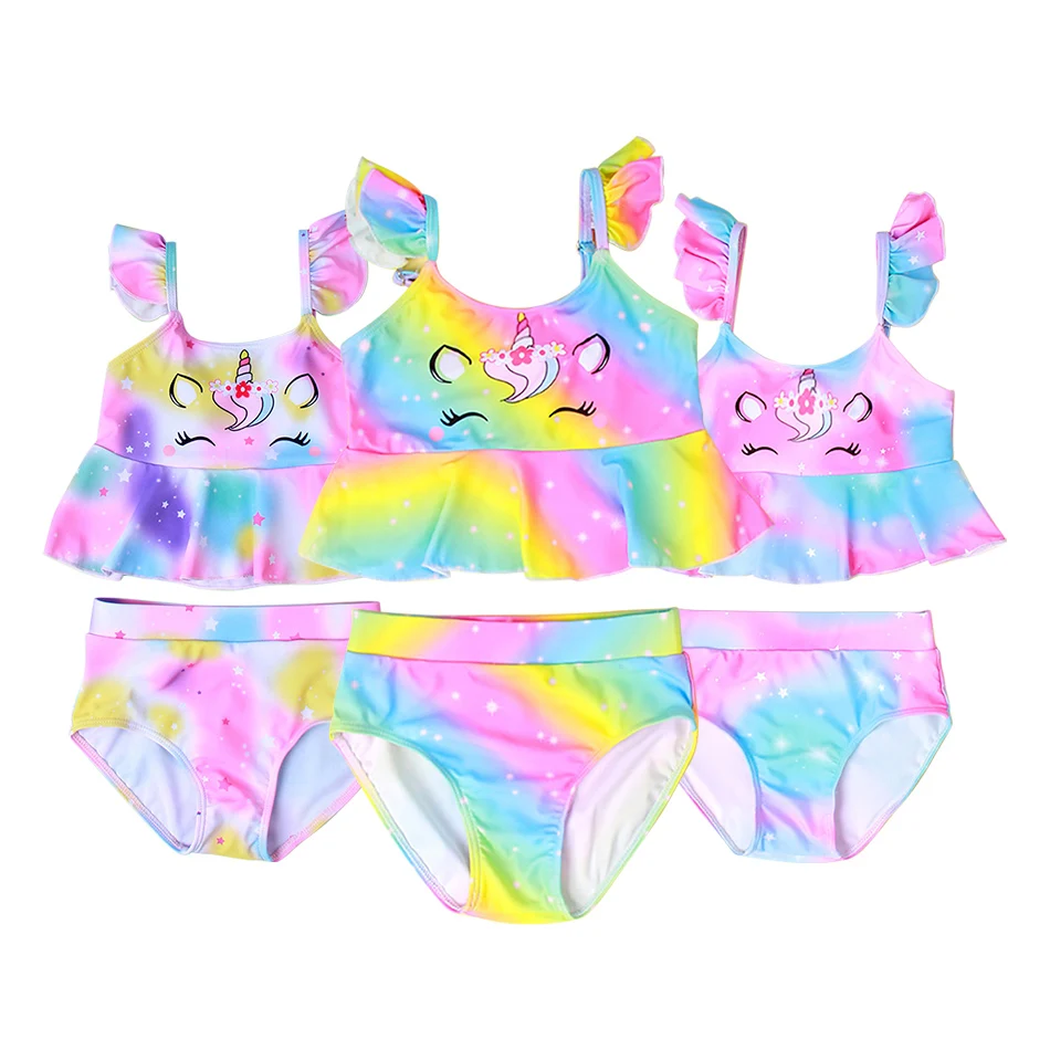 1-6Y Girl's Colorful Lotus Leaf Edge Unicorn Top Triangle Pants Quick Drying Swimsuit Water Park Swimming Girl Swimsuit