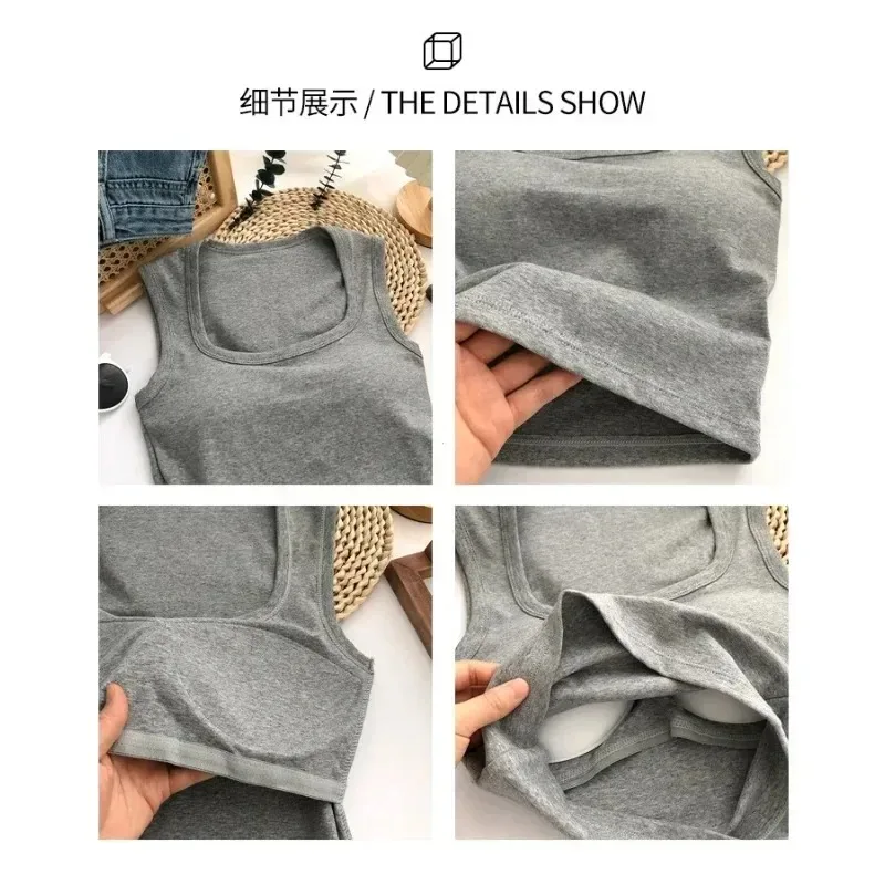 Summer Women Square Neck Sleeveless Camisole with Padding Sexy Solid Color Tank Top Low-Collar Breathable Casual Tops for Female
