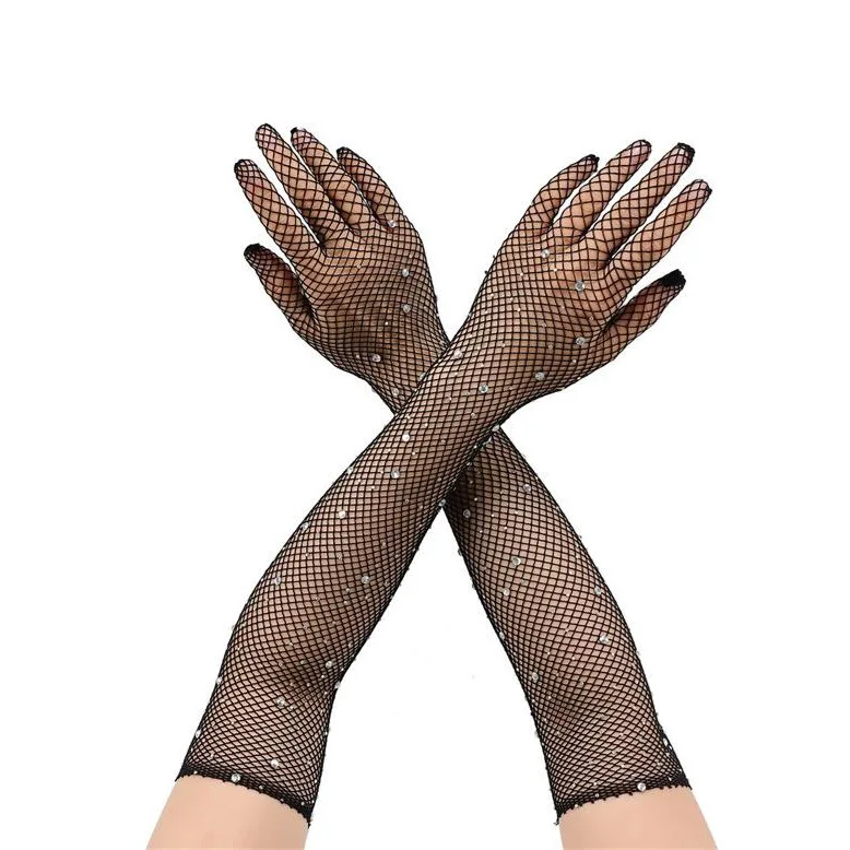 Gloves Rhinestone Mesh Fishnet Black Elastic Colorful Rhinestone Halloween Carnival Stage Party Performance Women Lightweight