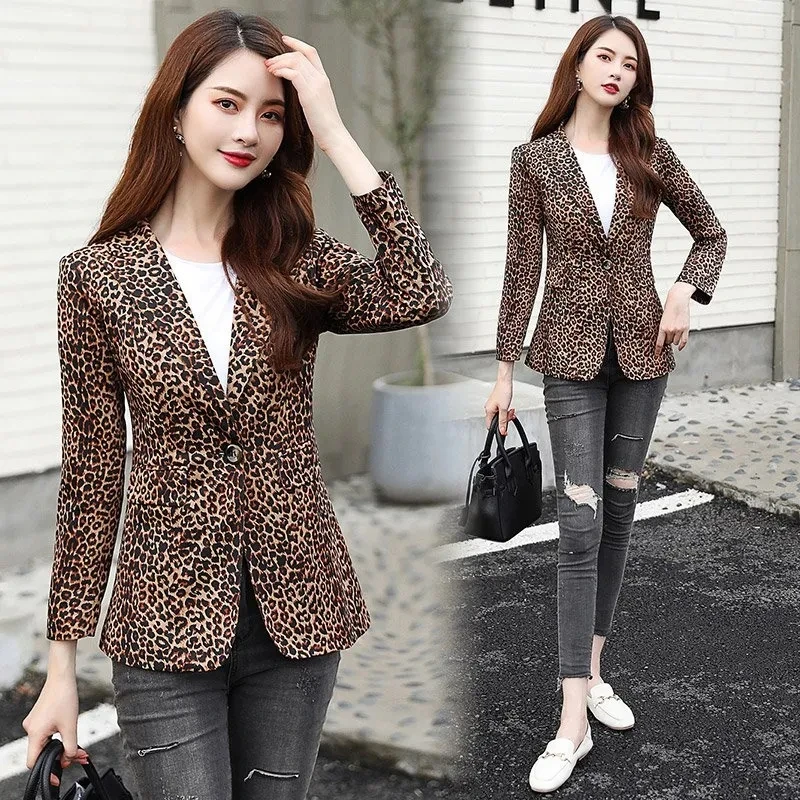 Chic Leopard Print Blazer Womens 2024 Spring Autumn Small Suit Jacket Women\'s Temperament Slim Blazers Coat Office Lady Outwear