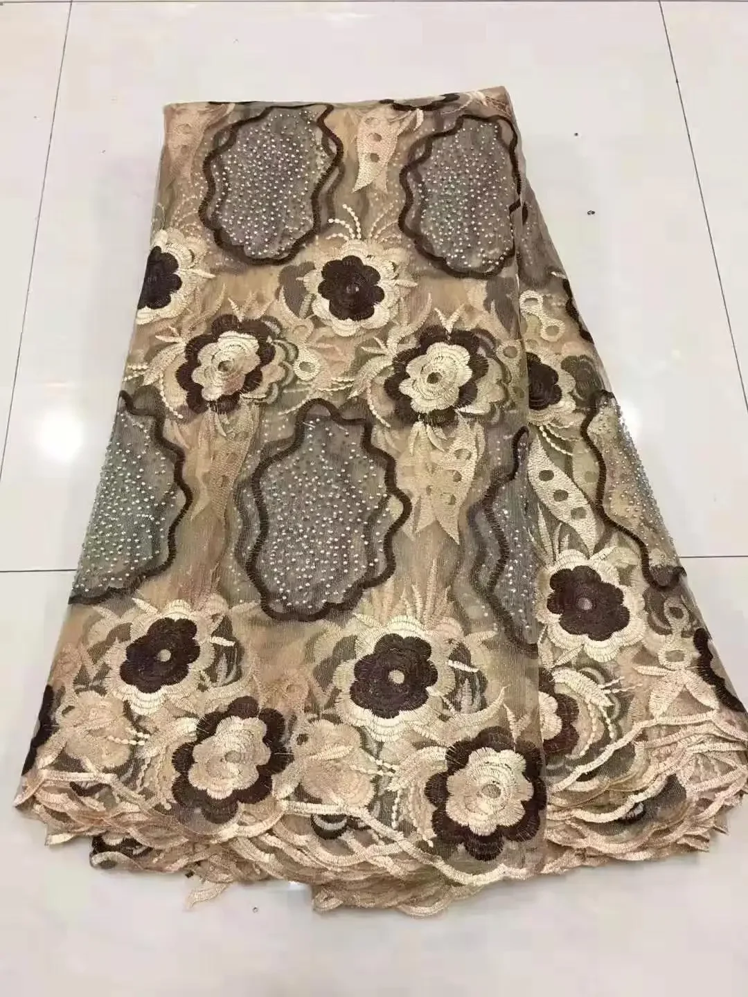 

African Lace Fabric 5 Yards High Quality Guipure Lace Tulle French Embroidered Mesh Lace Fabric Gold Color for African Wedding