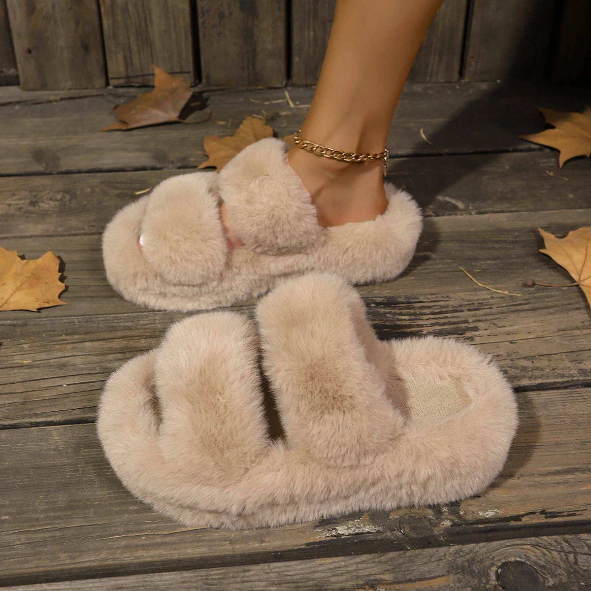 Fluffy Faux Fur Plush Slippers Fashion Design Women Home Slippers Indoor Open Toe Flat Non-slip Leisure Large Size Female Slides