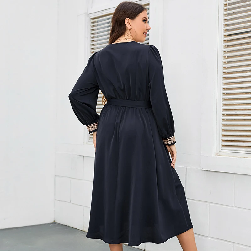 EllBY ZJ-Robe trapèze décontractée pour femme, grande taille, col en V, manches évêque, ceinturée, bureau urbain, rue élégante, robes longues, printemps, automne