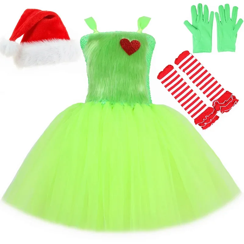 Natal papai noel grinch traje para crianças verde peludo monstro cosplay tutu vestido bebê menina férias roupas de festa de natal ou @ 0z *