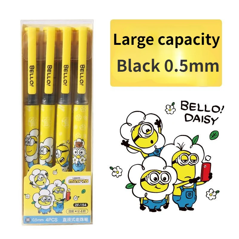 4pcs Minions Gel Pens Black Quick Drying Needle Type Straight Liquid Ballpoint Cartoon Funny Writing Exam Cute School Stationery