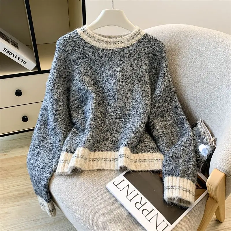 

Retro Contrast Color High-end Pullover Sweater for Women New Style Small Loose and Lazy Style