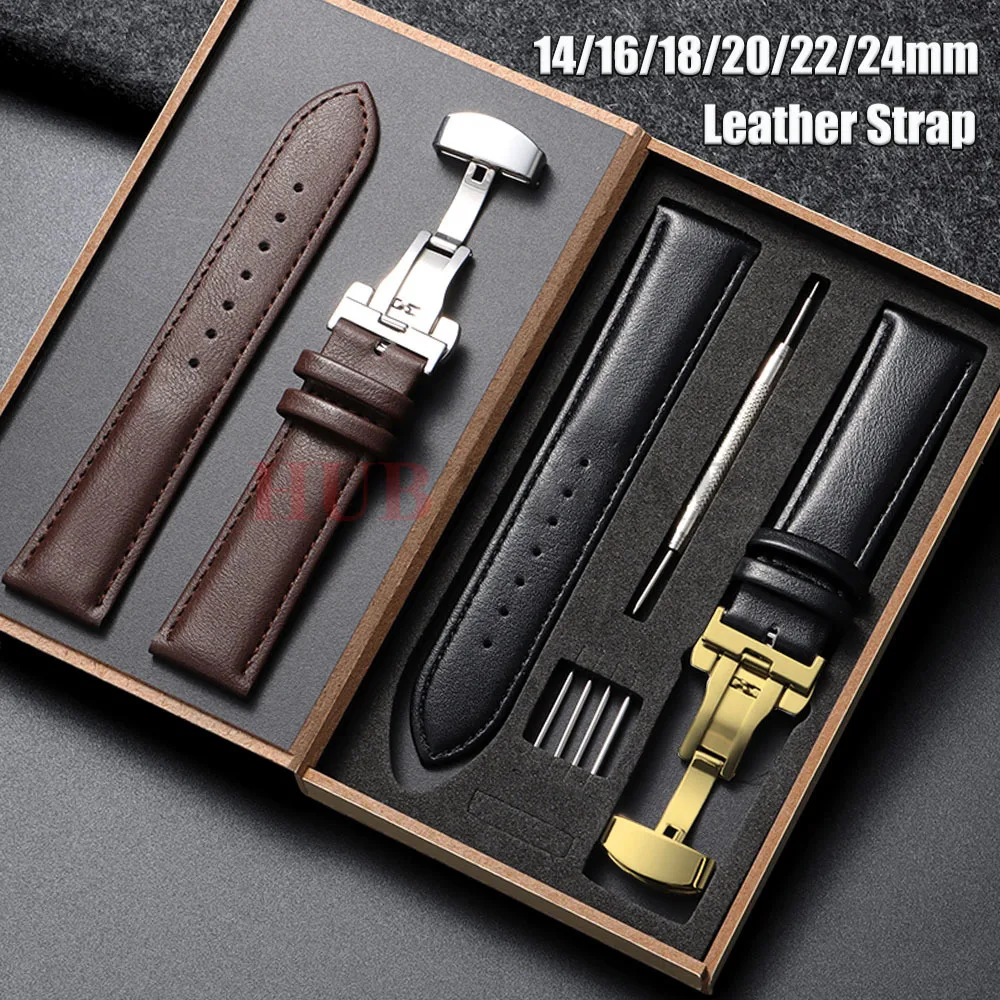 

Genuine Leather Watchband 14/16/18/20/22/24mm Watch Strap Automatic Butterfly Buckle Men and Women Business with Box Wrist Belt