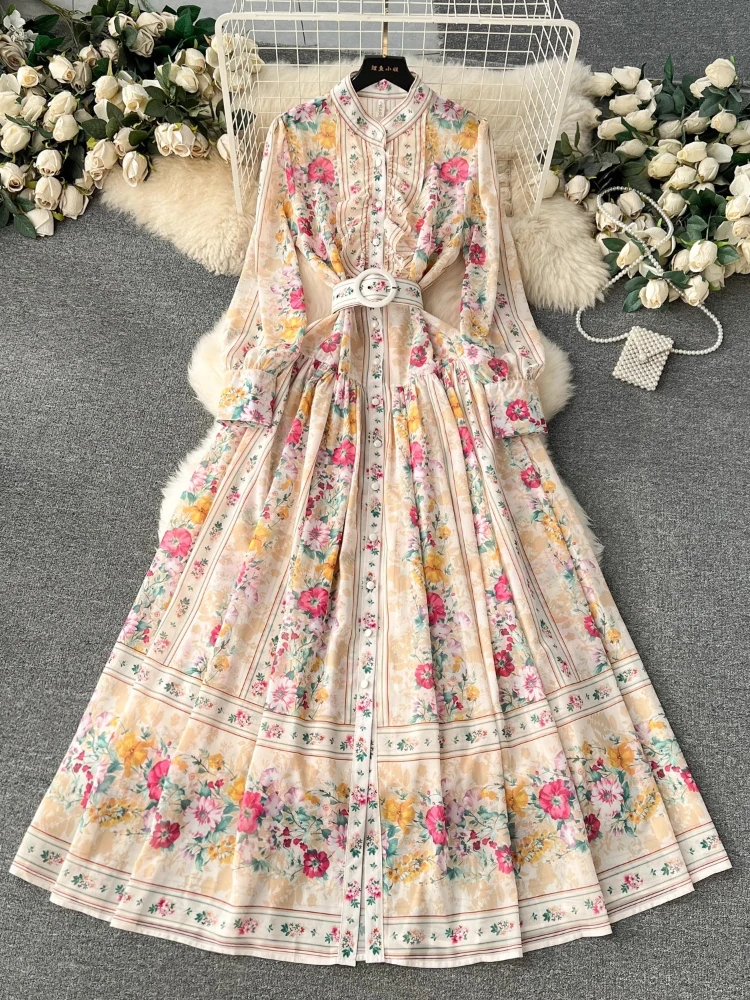 

Palace Style Maxi Dress Women Spring Autumn Stand Collar Lantern Long Sleeve Retro Print Dresses Ladies Elegant Party Long Robe