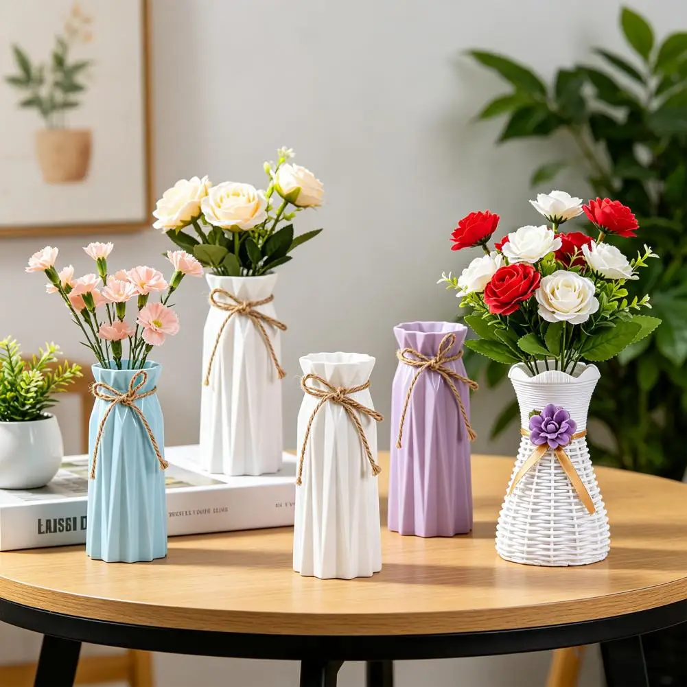 Woven Faux Rattan Vase for Flowers Plastic Weaving Texture Flower Vase Small Decorative Vase for Living Room Farmhouse Entryway