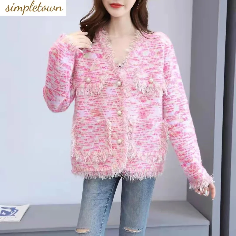 

Tassel Fashion V-Neck Short Coat Women's 2023 Autumn/Winter New Knitted Cardigan Reduced Age Imitation Mink Fleece Top