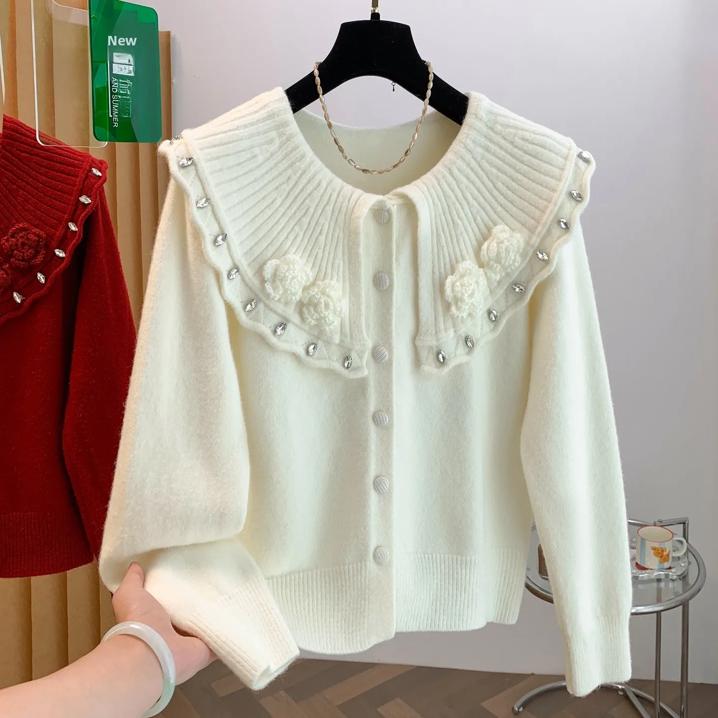 Fashionable Heavy-Duty Rhinestone Sweet Soft Open Cardigan Top Knitted Sweater Large Collar Autumn New Style Women's Clothing