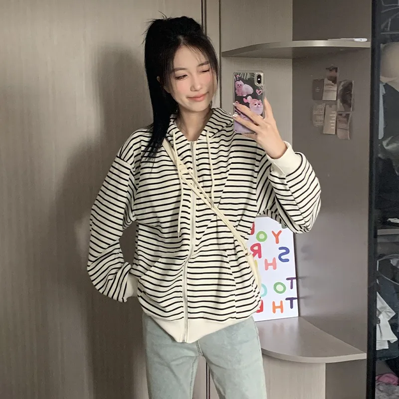 

Korean Style Lazy Casual Contrasting Striped Long Sleeved Sweatshirt Cardigan Women's Autumn Loose Fit Hooded Jacket Top