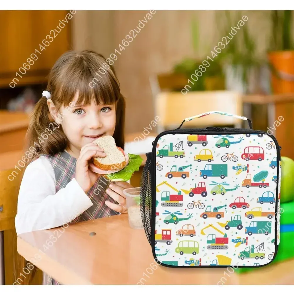 Fiambrera portátil con asa desmontable para niños y niñas, bolsa de almuerzo con estampado de coche de dibujos animados, sin BPA, a la moda