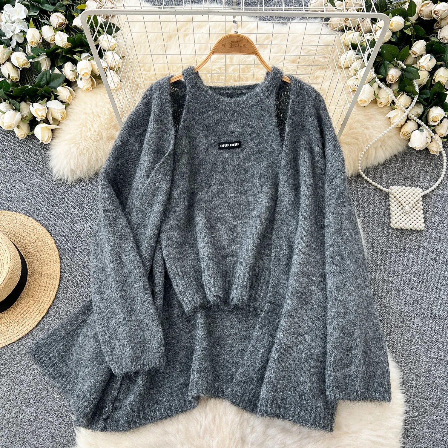 Chic Women Two-Piece Sets Basics Halter Sleeveless Vest Knitted Open Stitch Coat French Streetwear High Street Autumn Winter Top