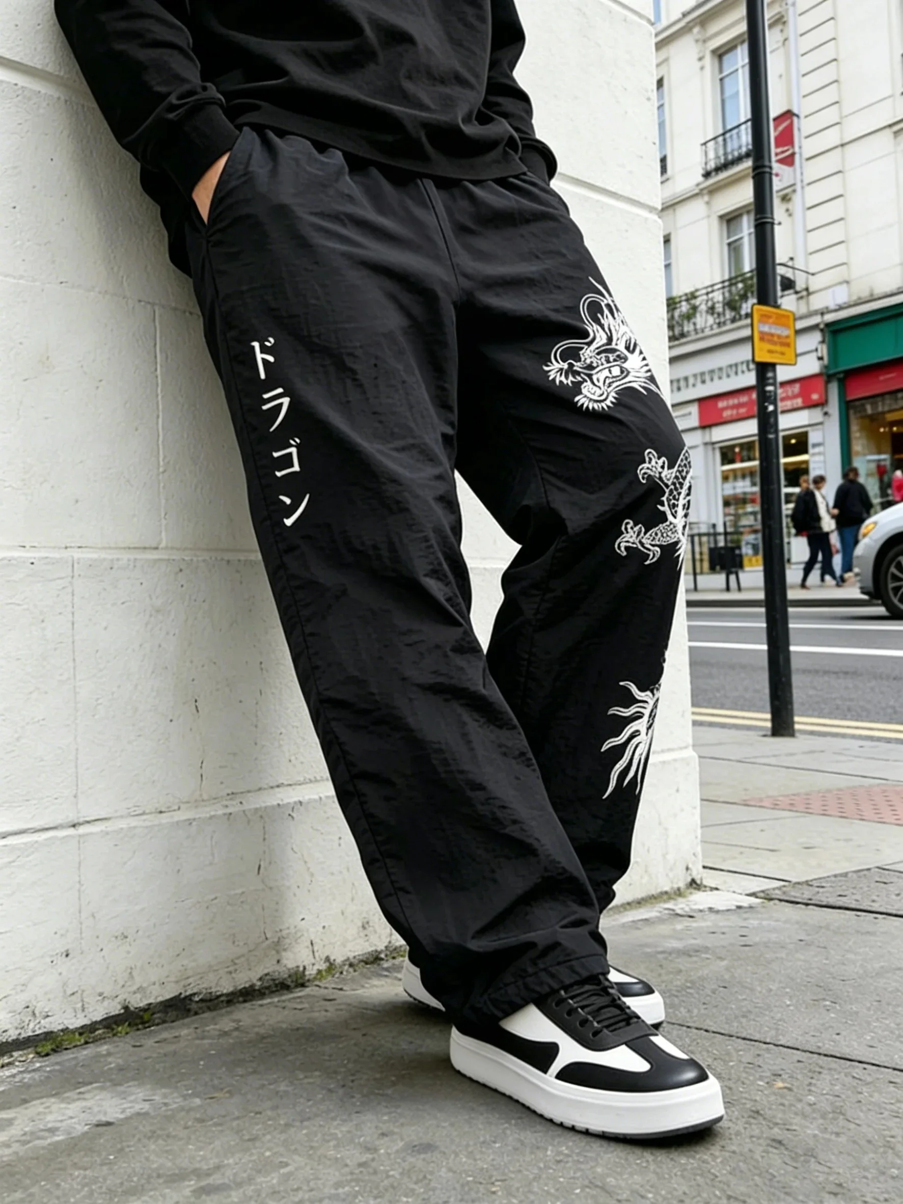 2026 Herren Frühling Sommer Drachen-Print Baggy Nylon-Hosen, Streetwear Jogger für Fitness & Alltag, Schwarz & Blau – Detail 11
