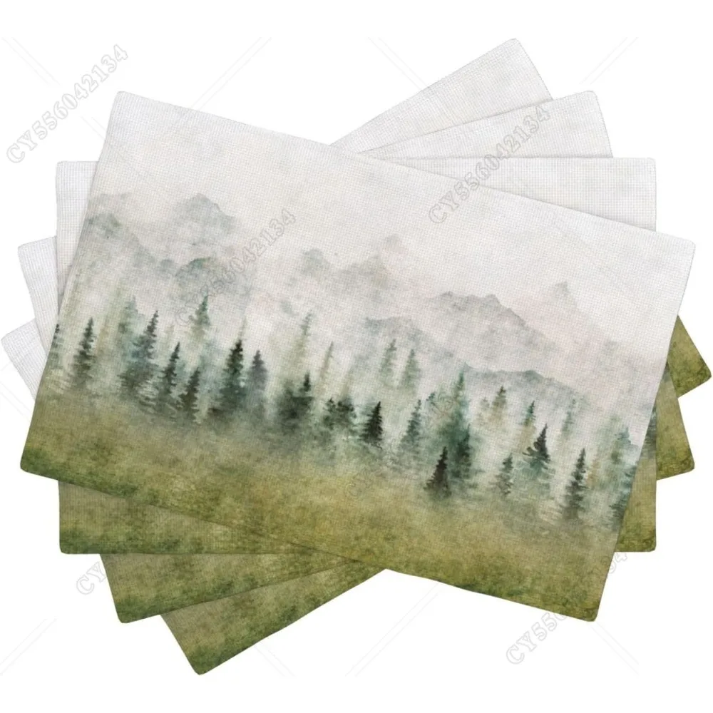 

Watercolor Forest Linen Placemats Set Of 4,Watercolor Woodland Forest Mountains Rustic Dining Placemats Home Kitchen Party