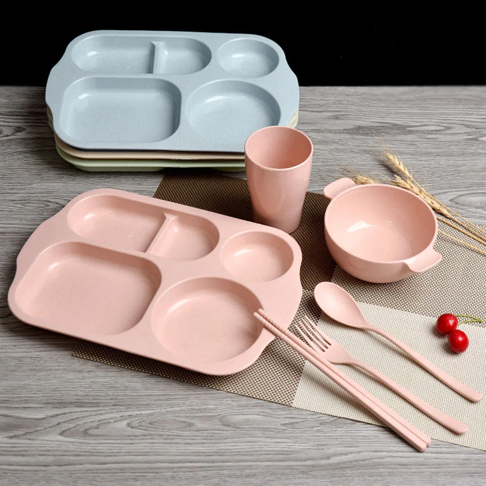 

6 PCS/Set Straw Bowl and Dish Kids Dinnerware Child Cartoon Tableware Wheat Student