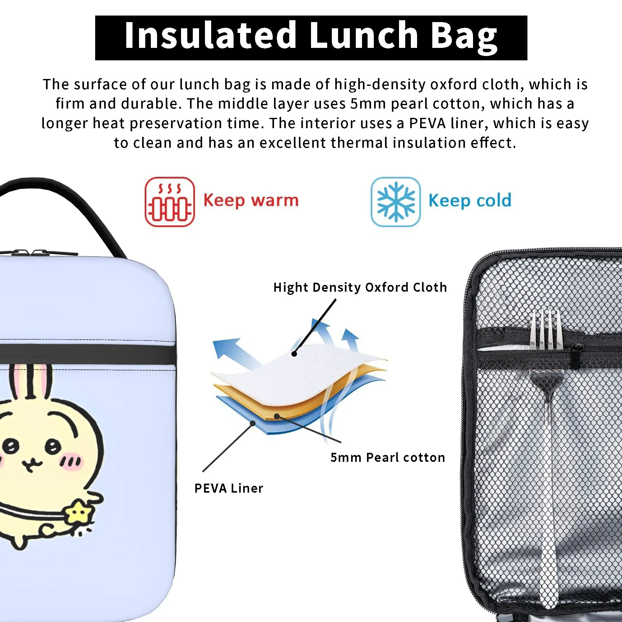 Kawaii Chiikawas Insulated Lunch Bag Cooler Bag Reusable,Meal Container Cute Cartoon Portable Tote Lunch Box Food Handbags view 5