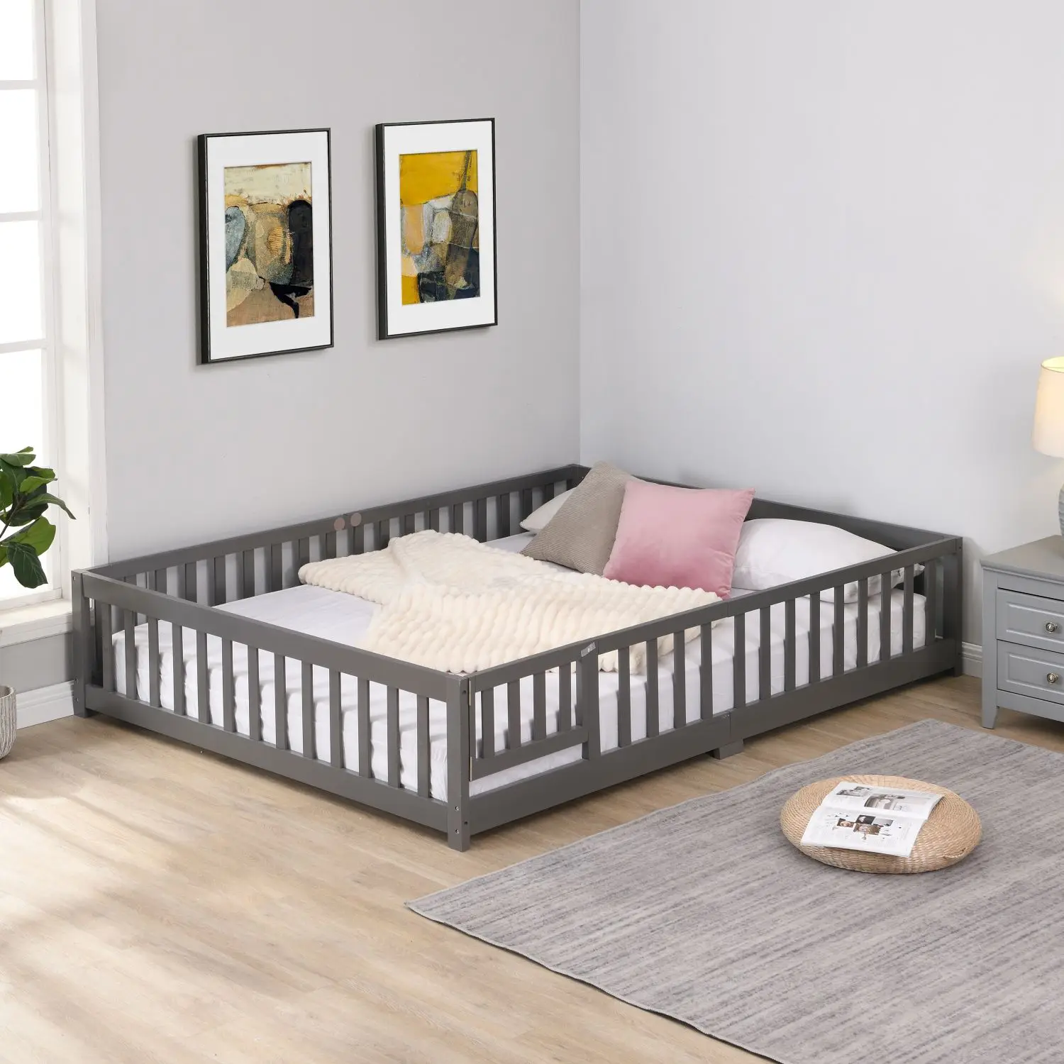 

Full Size Floor Bed with Door,Solid Wood Platform Bed Frame with Fence,Suitable for children,Pine Wood,Gray