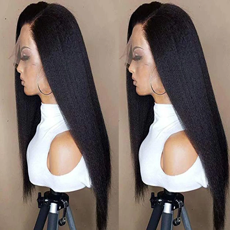 Kinky Straight Soft Glueless Lace Frontal Wig para Mulheres Negras, 26 "Long Black Yaki Cabelo Do Bebê, Preplucked, Daily Cosplay