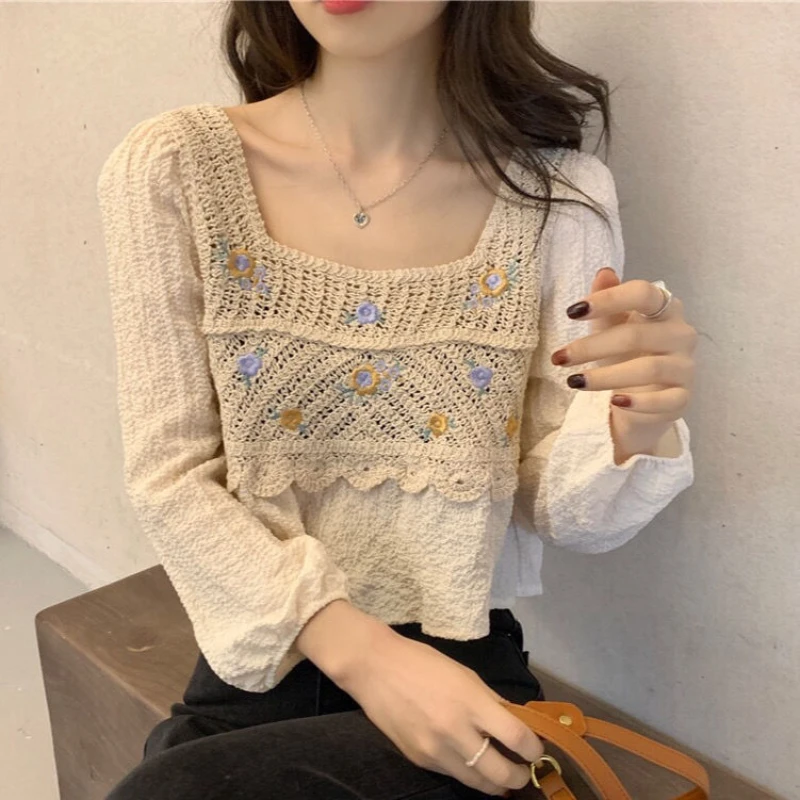 Blouses Women Hook Flower Hollow Stylish Retro Simple Design Harajuku Female Sweet All-match Summer Elegant Daily Crop Leisure