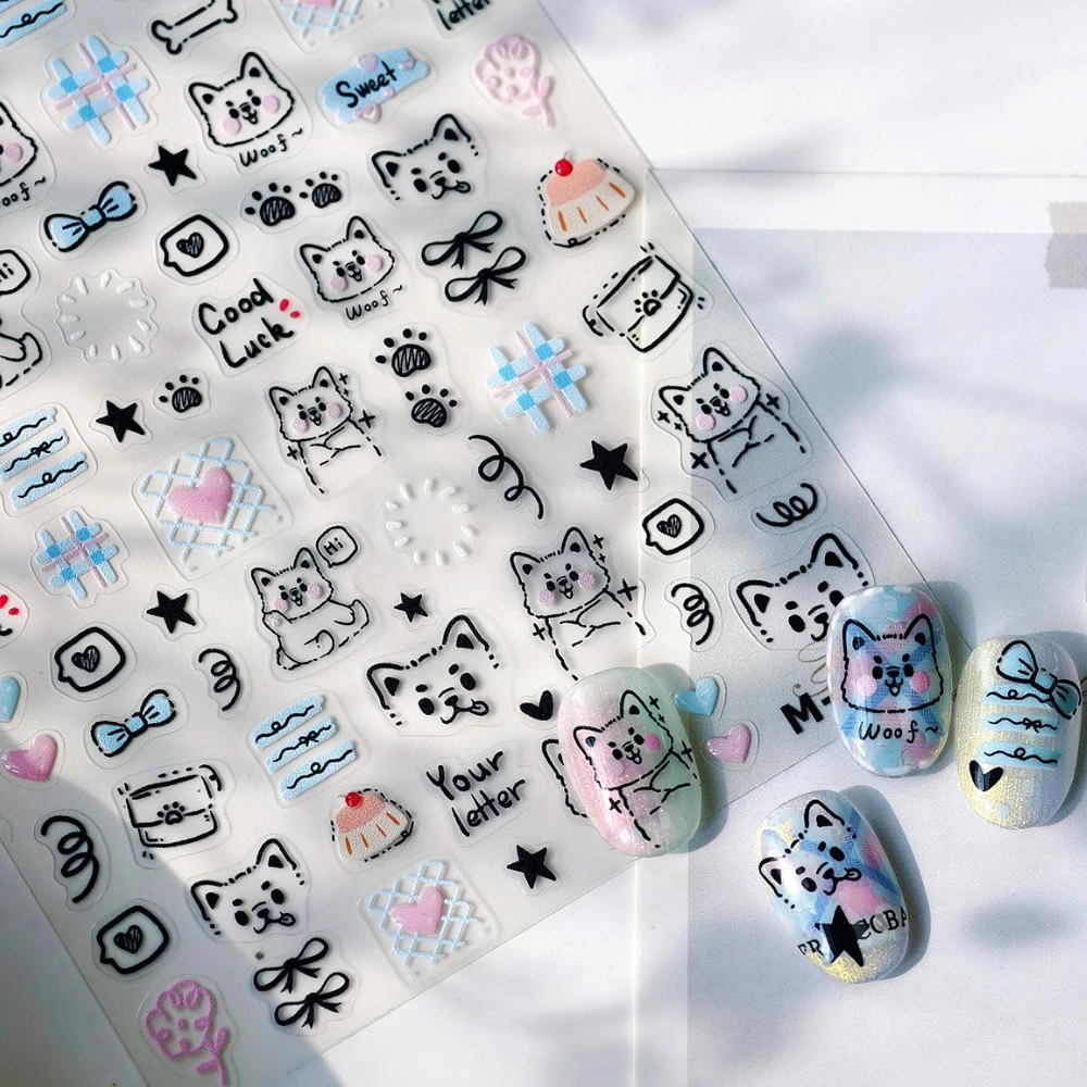 

Cute Cartoon Graffit Lines Puppy Bones Dog Claws Pudding Bowknot Love 3D Self Adhesive Nail Art Stickers Lovely Manicure Decals