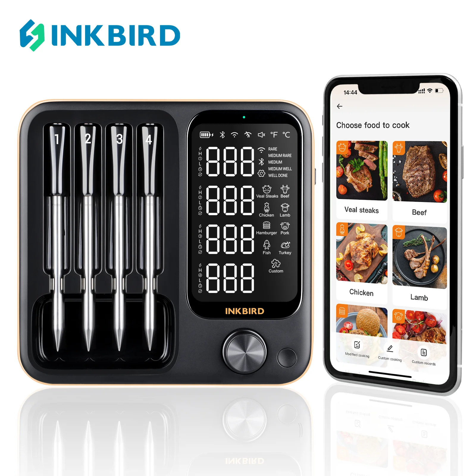 inkbird int14 bw termometro de carne sem fio wifi bluetooth de tres modos ip67 e sondas termometro de alimentos inteligente para churrasco grelha forno 01