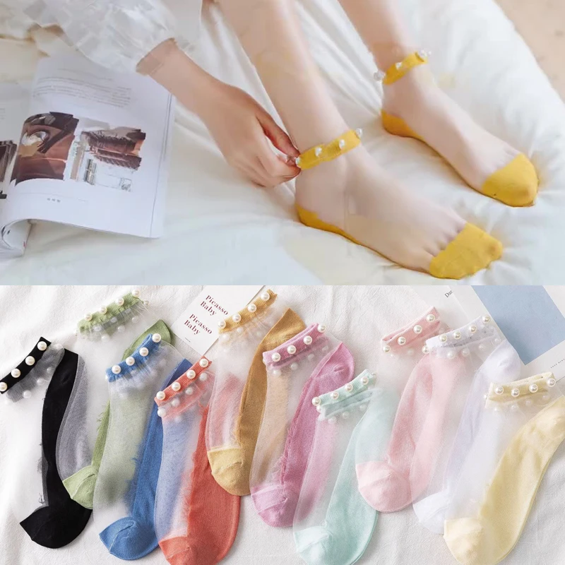 Qisin 3Pairs Women's Transparent Pearl Glass Silk Socks Summer Thin Ankle Sock Female Soft Non-slip Invisible Lace Cotton Socks