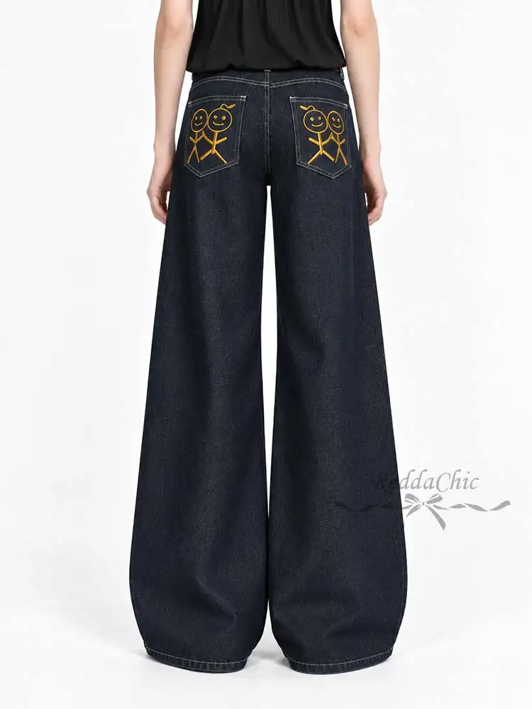 REDDACHiC Cute Stick-Figure Pattern Women Jeans Korean Cleanfit Low Waist Straight Loose Wide Leg Denim Pants Trendy Streetwear