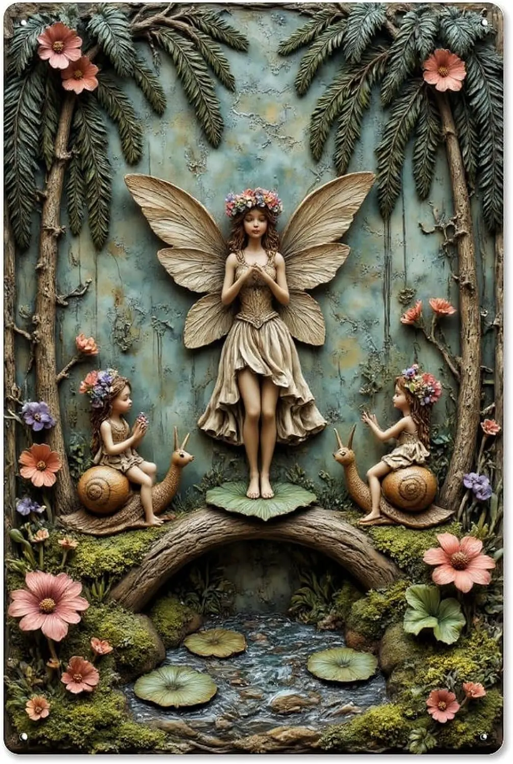 Fairy Standing near Snail Friends on River Tin Sign Wall Decor,   Decorative Plaque for Home Bathroom Kitchen Bar Garage Garden