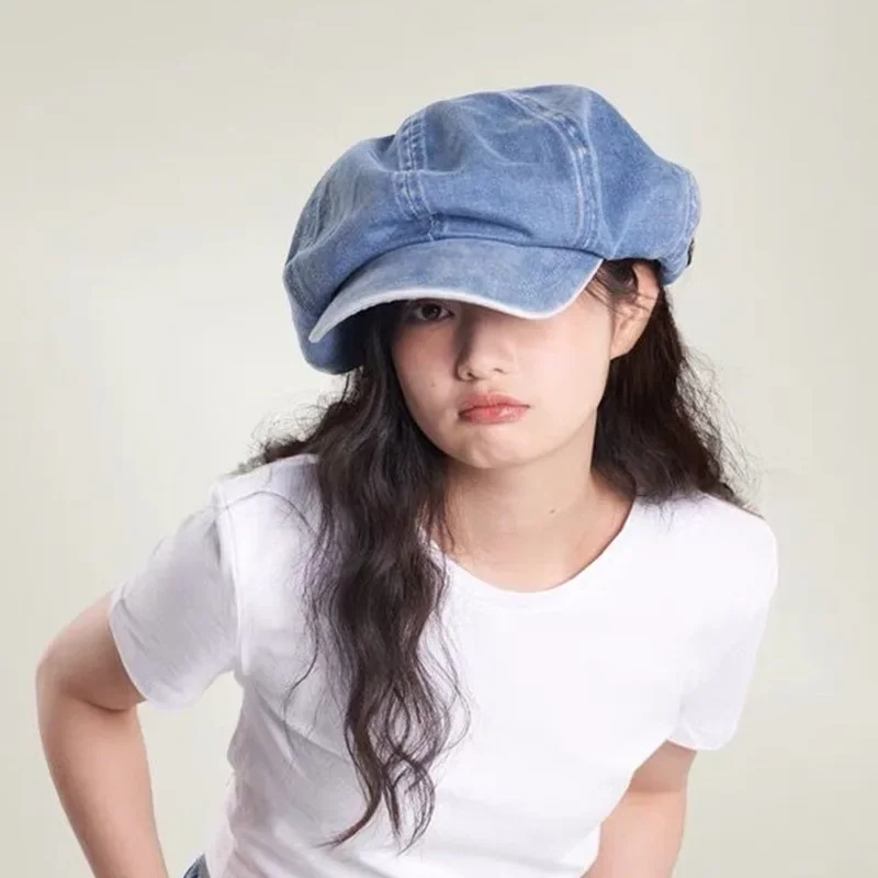 Women's Washed Old Denim Beret Literary Big Head Cloud Hat Spring and Summer Vintage Japanese Newsboy Hat