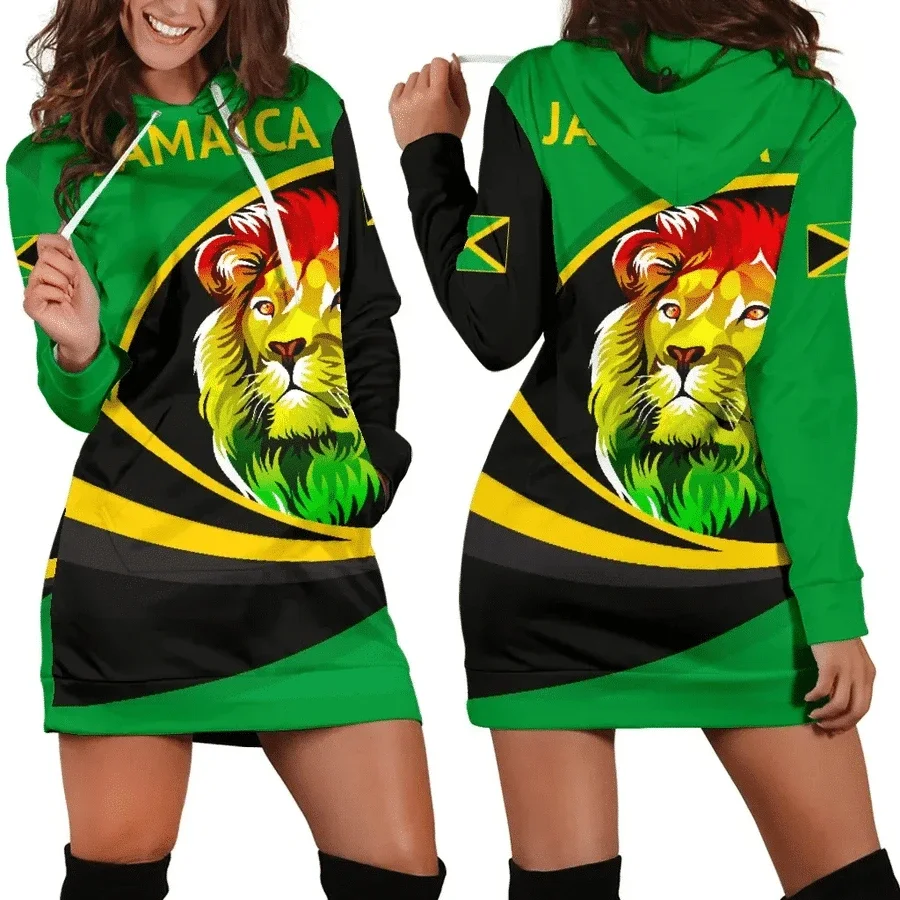 JAMAICA Emblem Country Flag New Harajuku Novelty 3D Print Autumn Hoodie Dress Women Casual Wear Long Sleeve Hooded Dress