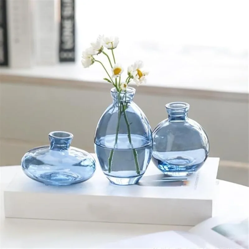 Small Glass vase, Transparent Creative hydroponic Dried Flower vase, Colorful Three-Piece Set of Decorative Ornaments Blue