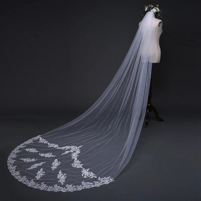 Wholesale Welon ivory Cheap Wedding Veil Long Lace Appliques Boda Bridal accessories Sexy Bride veils Veu de noiva longo