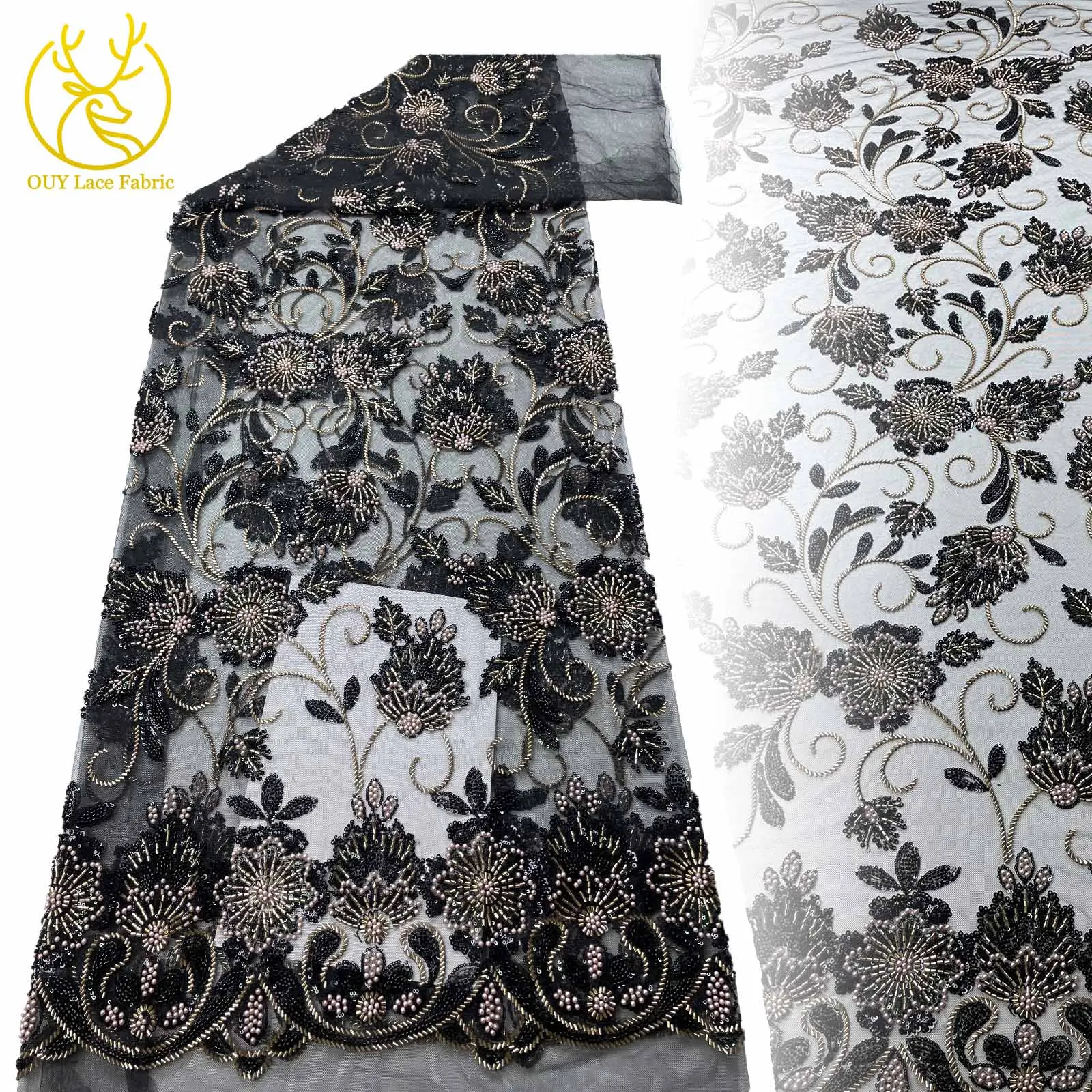 

African Mesh Beaded Lace Fabric 2025 High Quality French Nigerian Tulle Sequin Lace Fabric for Women's Dinner Wedding Dresses