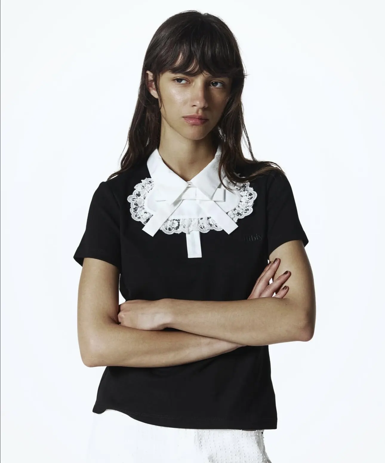 Elegant French Style Short Sleeve Top White Lace Collar Bow Slim Fit Blouse 2 Colors Black White