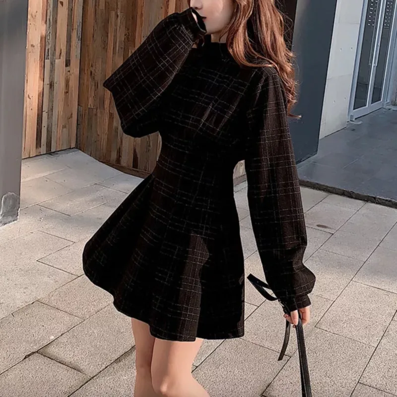 HKSH New Women Short Dress Long Sleeve Plaid Waist Cinching A-line Dark Style Elegant Trendy Y2K Vinatge Fashion Dresses HK10208