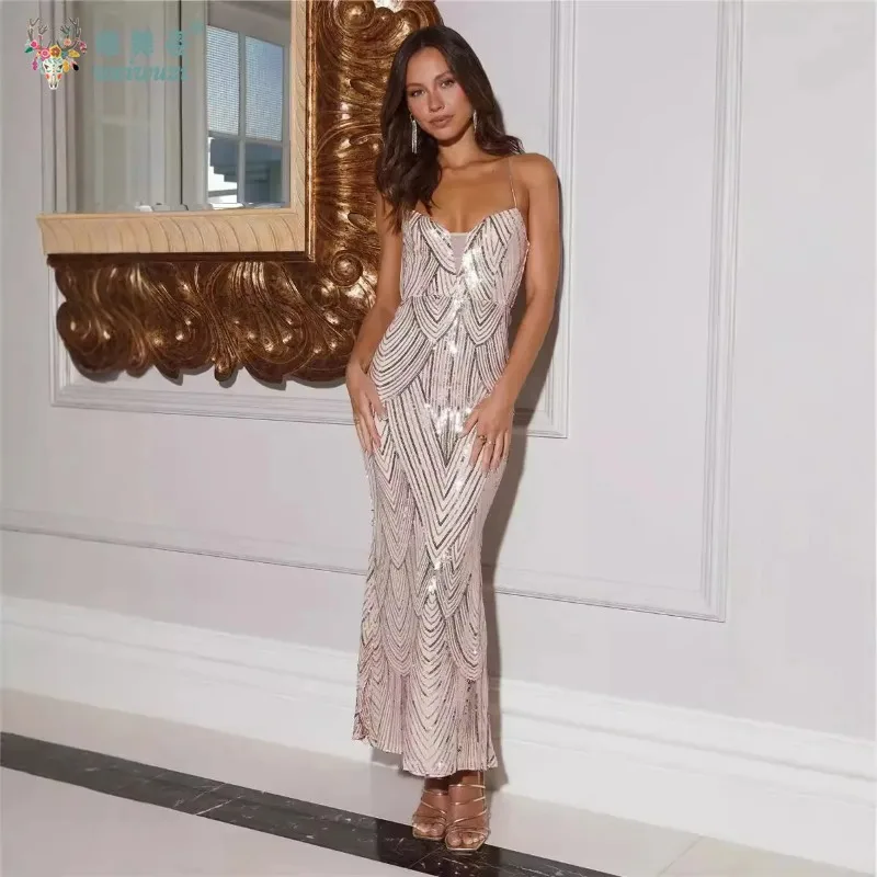 

V-neck Suspender Sexy Low Cut Sequined Evening Gown Elegant Backless Women Cocktail Christmas Holiday Party Long Evening Dress