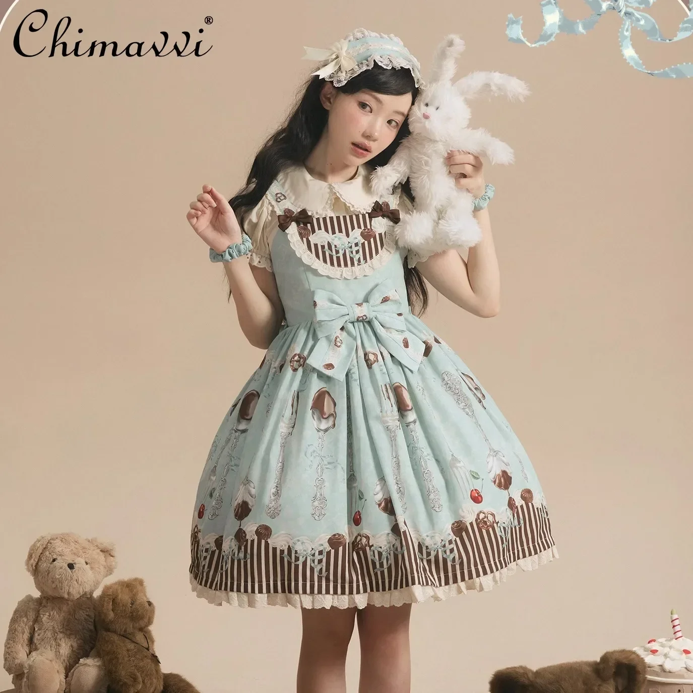 

Spring and Autumn New Cute Bow Print High Waist Jsk Dress Kawaii Ladies Green Dresses Original Design Sweet Girl Lolita Dresses