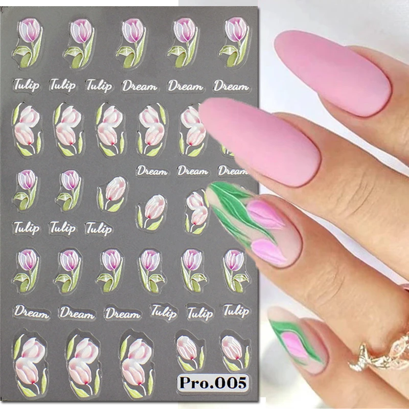 5d Emboss Nail Art Stickers Pink Purple Blooming Tulips Flowers Adhesive Sliders Nail Decals For Manicure Tips Accessories