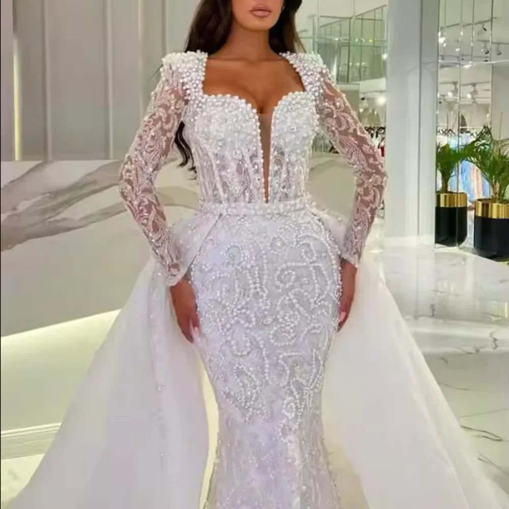 On Zhu Customized Sequins Mermaid Wedding Dresses Detachable Train Middle East Long Sleeves Formal Bridal vestidos de novia 2025 image 3