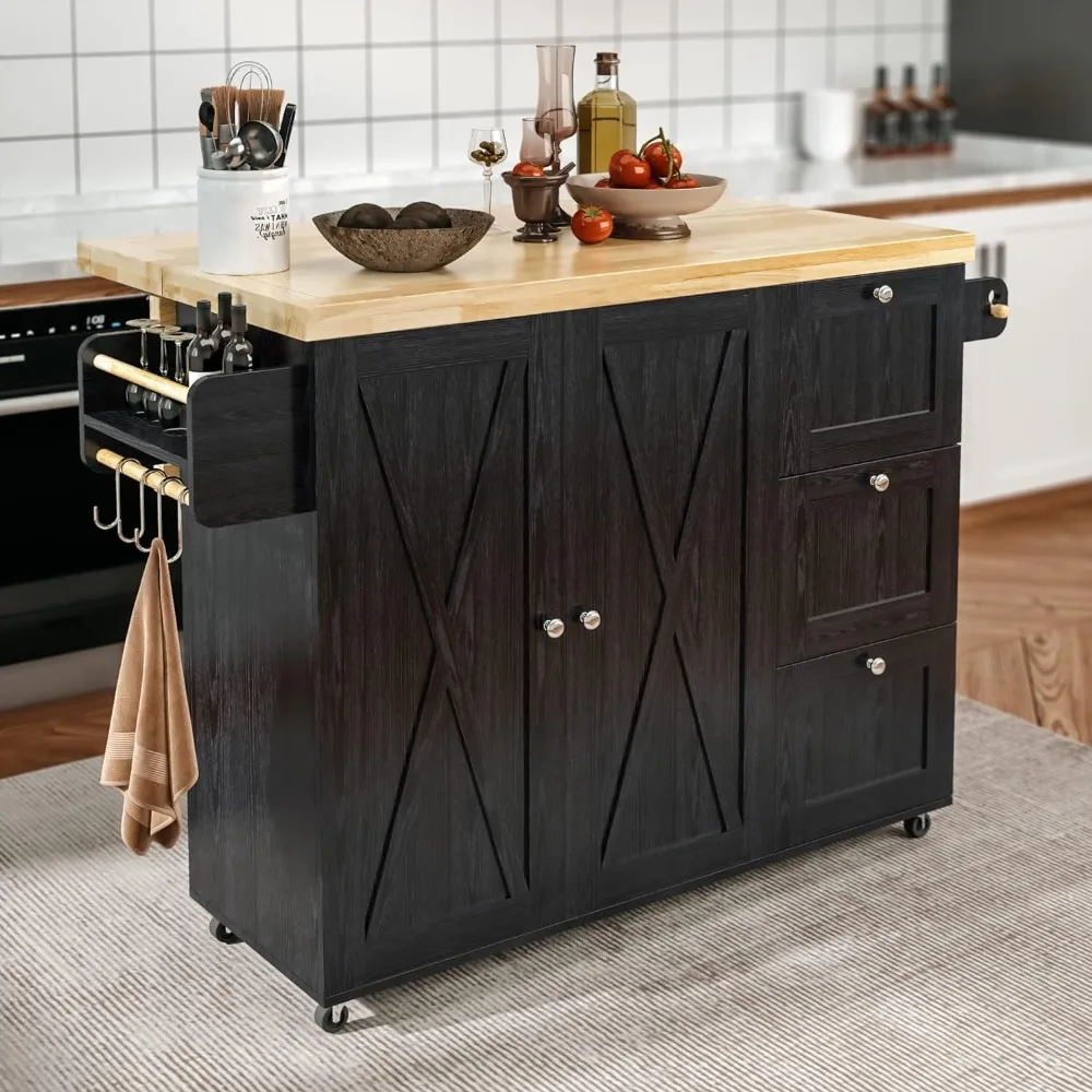 Rolling Kitchen Island Cart with Drop-Leaf Countertop, Barn 3Drawers, Barn Door Style Cabine,Thicker Rubberwood Top