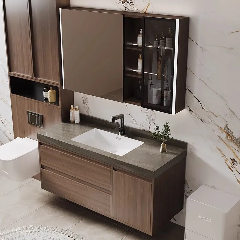 New Chinese rock slab ceramic integrated basin bathroom cabinet combination simple bathroom washbasin absorption washbasin