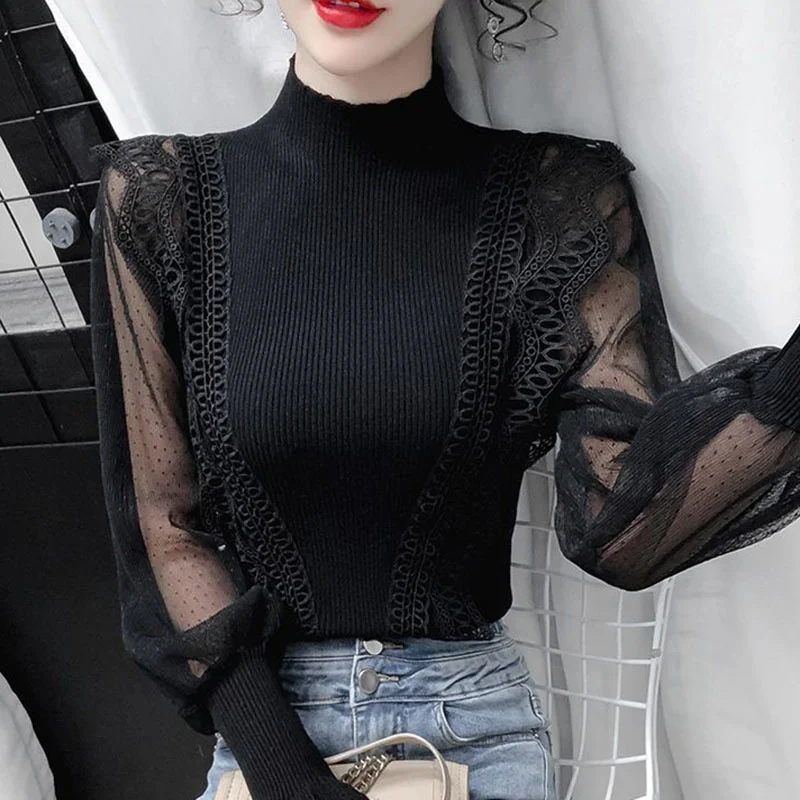 Sexy Lantern Long Sleeve Sweaters Women 2024 Spring Ruffles Spliced Knitting Jumpers woman Wild Slim Fit Ladies Tops