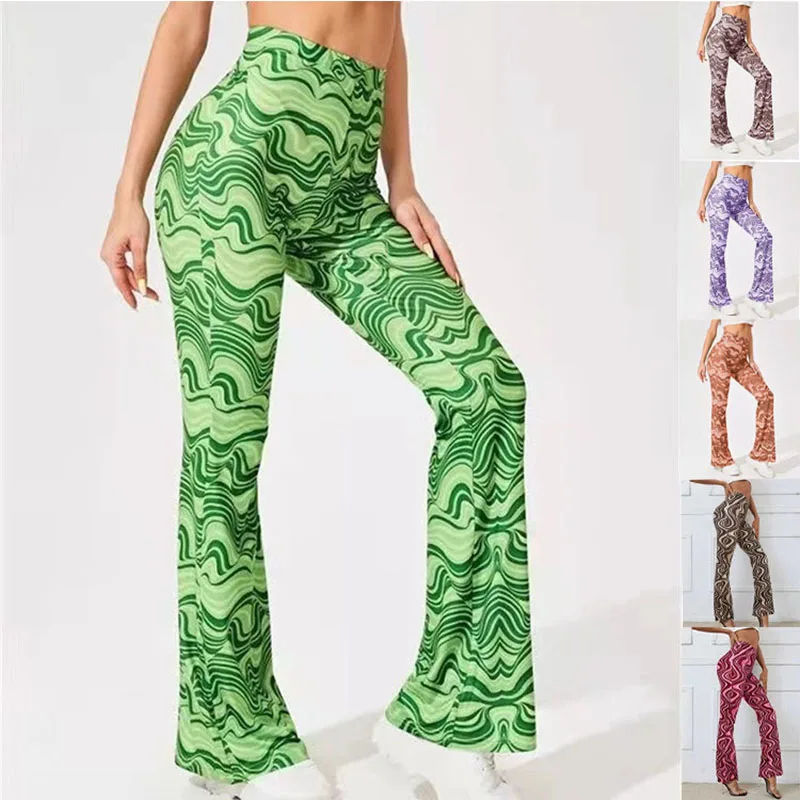 Women Yoga Flared Leggings Gym High Waist Flare Pants Plus Size Wave Printed Fitness Latin Dance Wide Leg Pants Training Trouser