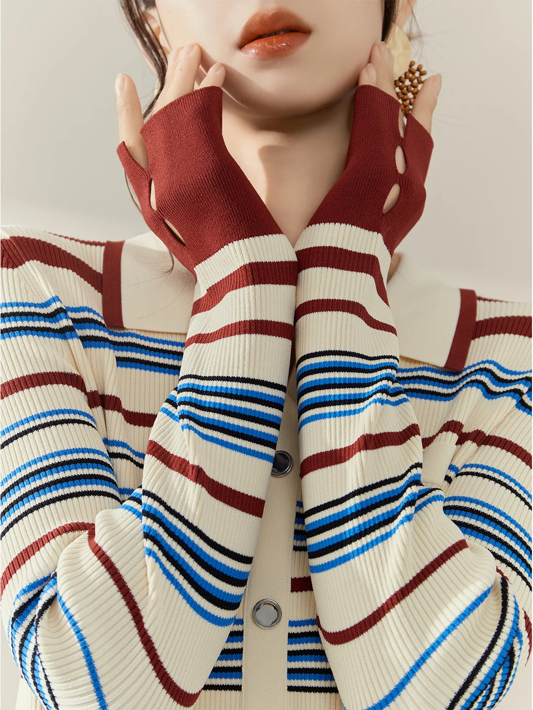 

Flowing Era Color Blo Striped Women's Knitted Open Cardigan Vintage Collar High End Feel Autumn Outerwear Casual Commute