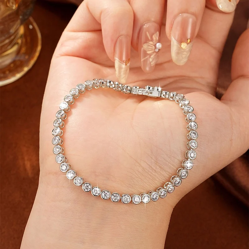 Rrjzz Full 3mm Round Cut Moissanite Bracelet for Women D-Color Lab Imitation Diamond 18CM Chain Tennis Bracelets Jewelry Gifts - view 3