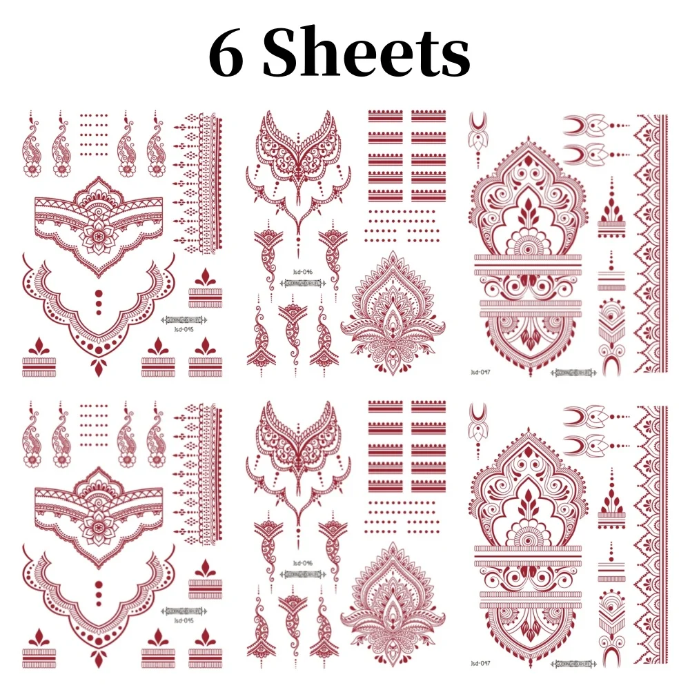 6 أوراق تاتو حناء مؤقت مقاوم للماء للنساء والفتيات مثير لليد والقدم فن الجسم الهند زهرة حمراء تصميم ملصقات الجسم